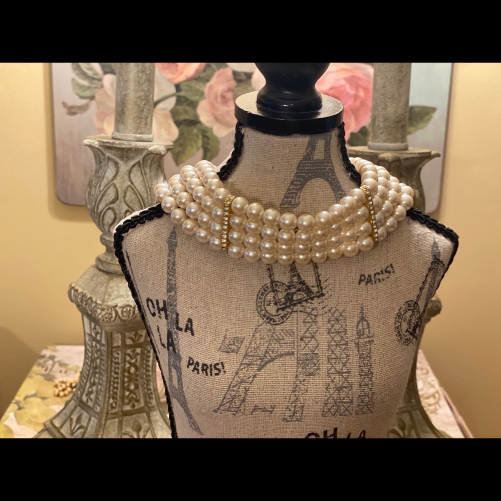 Pearl Multi Strand Choker w/Crystal Accent Costume